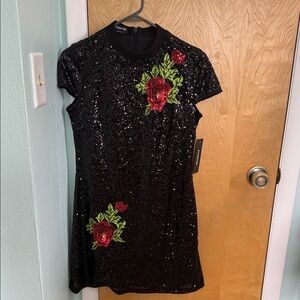 bebe Black Sequin Dress with Red and Green Floral Design